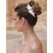 Peigne de mariage J047 blanc/ivoire perle, strass, fleurs